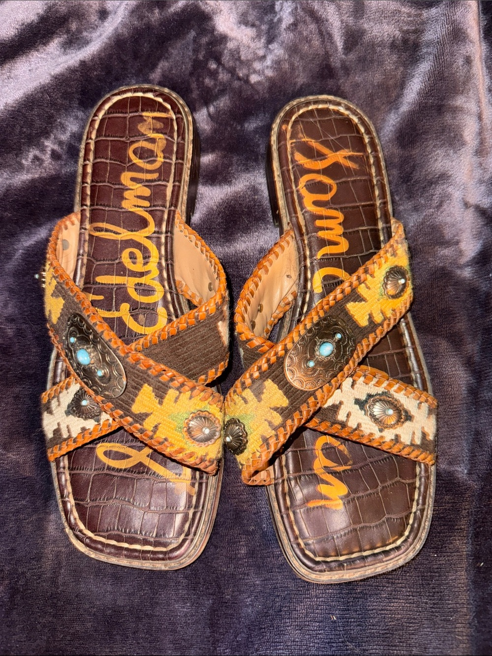 ⚜️ SAM EDELMAN Brown & Tan Western Crossband Slide Mules sz 9